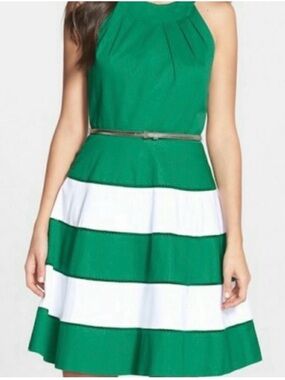 Eliza J Green and White Striped Fit-and-Flare Dress size 2